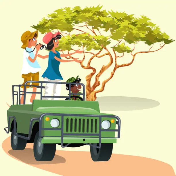 Vector illustration of Couple riding in the car with driver in the zoo