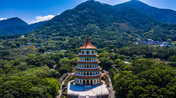 Wuji Tian Yuan Temple, Aerial view Tian Yuan, Tamsui, Taipei, Taiwan.