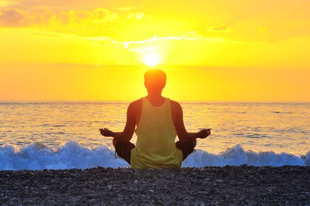 istock Rear View Of Man Meditating While Sitting On Shore At Beach Against Dramatic Sky During Sunset 1138798760