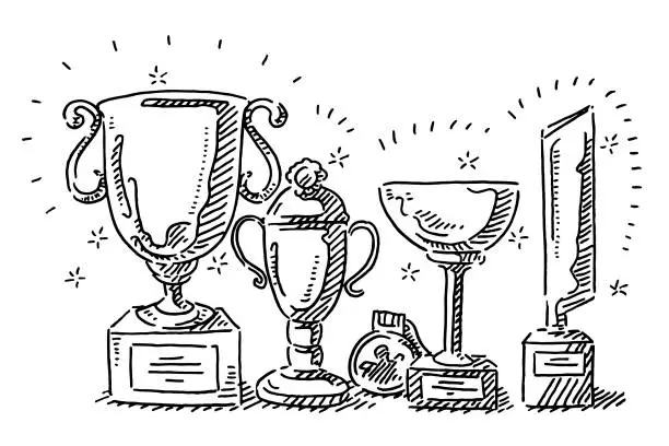 Vector illustration of Trophy Collection Success Concept Drawing