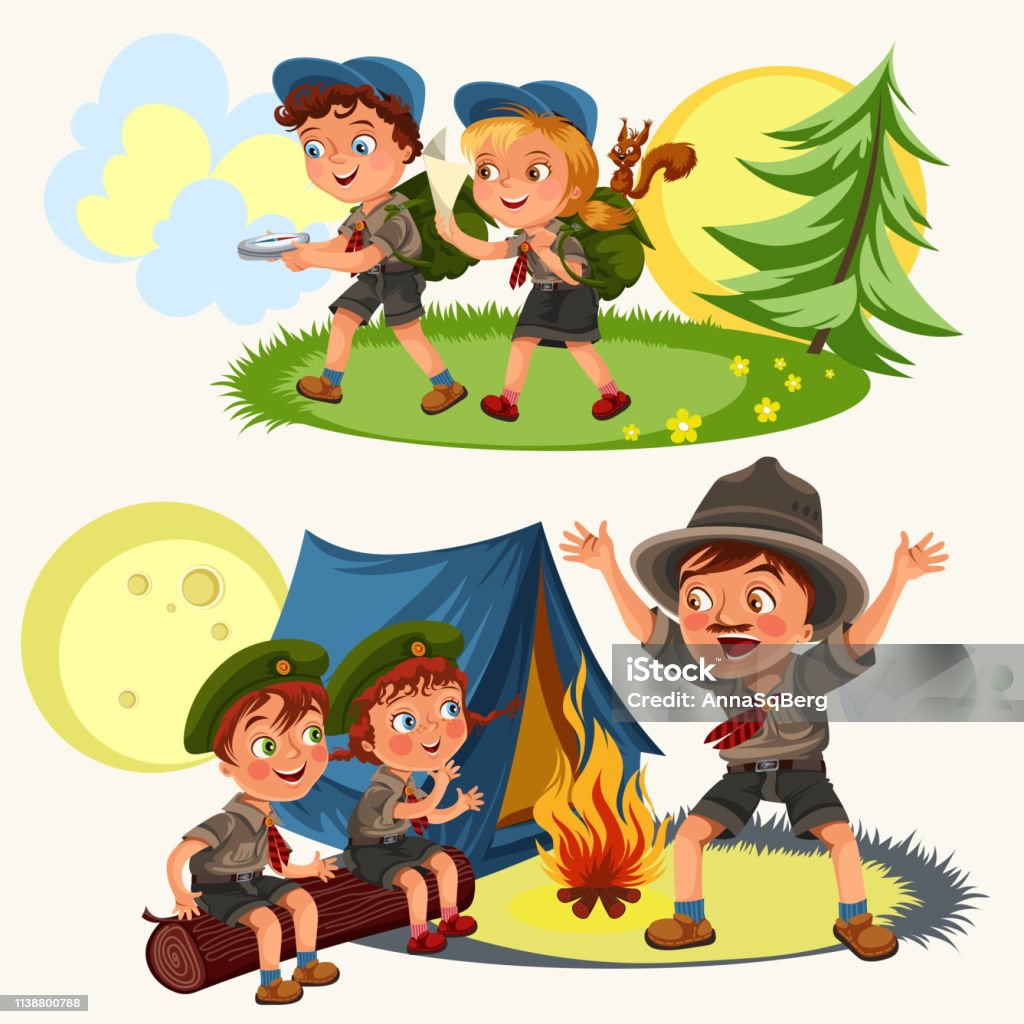 Cartoon Scouting Children Mentor Guides Outdoor Adventures And Survival  Activities In Camping Stock Illustration - Download Image Now - iStock