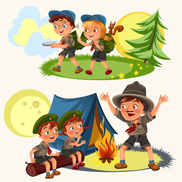 Cartoon Scouting Children Mentor Guides Outdoor Adventures And Survival  Activities In Camping Stock Illustration - Download Image Now - iStock