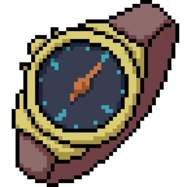 vector pixel isolated cartoon vector pixel art analog watch isolated cartoon watch cartoon gold illustration and painting stock illustrations