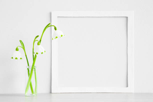 istock Fresh, beautiful snowdrops in vase on shelf at light gray wall. First messengers of spring. Empty place for inspirational, emotional, sentimental text, quote or sayings in white frame. Front view. 1138803913