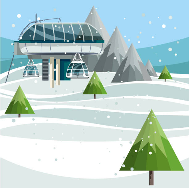 산 꼭대기에 있는 스키 리프트 스테이션 - motion snowflake backgrounds blue stock illustrations
