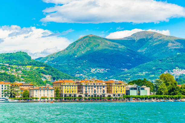 old town of lugano facing the lugano lake in switzerland - ticino canton mountain lake lugano lake imagens e fotografias de stock