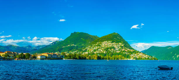 old town of lugano facing the lugano lake in switzerland - ticino canton mountain lake lugano lake imagens e fotografias de stock