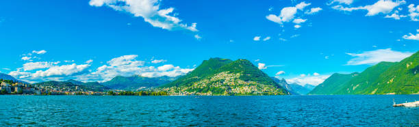 old town of lugano facing the lugano lake in switzerland - switzerland ticino canton lake lugano imagens e fotografias de stock