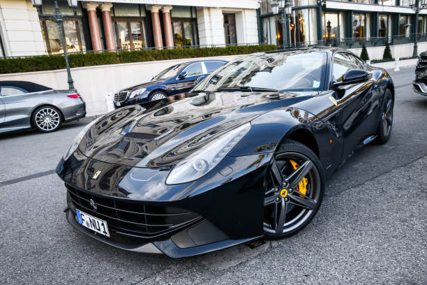 Monte-Carlo, Monaco - March 12, 2019: Supercar Ferrari F12 Berlinetta in the city street.