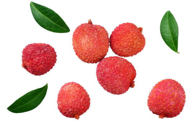 istock Fresh lychee with leaves isolated on white background. top view 1138807980