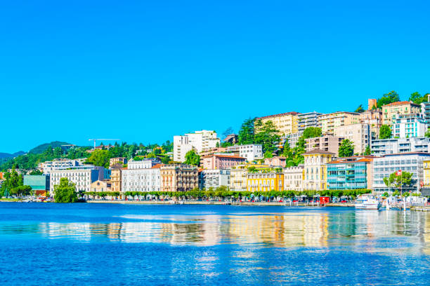 old town of lugano facing the lugano lake in switzerland - switzerland ticino canton lake lugano imagens e fotografias de stock