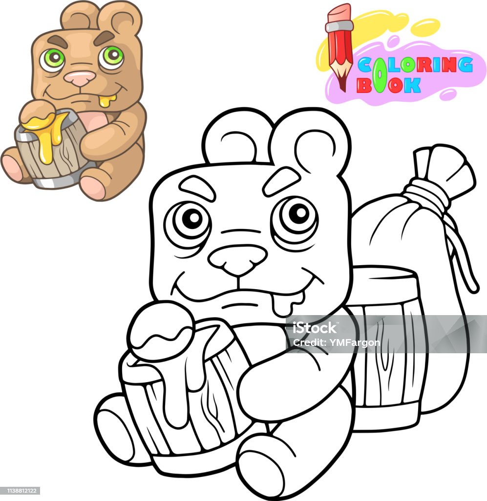 Cute Teddy Bear Eats Honey Coloring Book Funny Illustration Stock