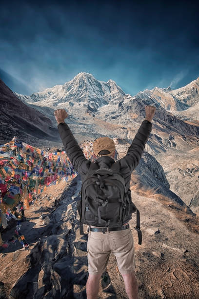 Annapurna base camp Man reach annapurna base camp in Nepal base camp photos stock pictures, royalty-free photos & images
