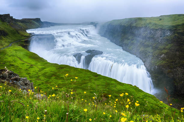 Beautiful and famous Gullfoss waterfall, Golden circle route in Iceland, Summertime stock photo