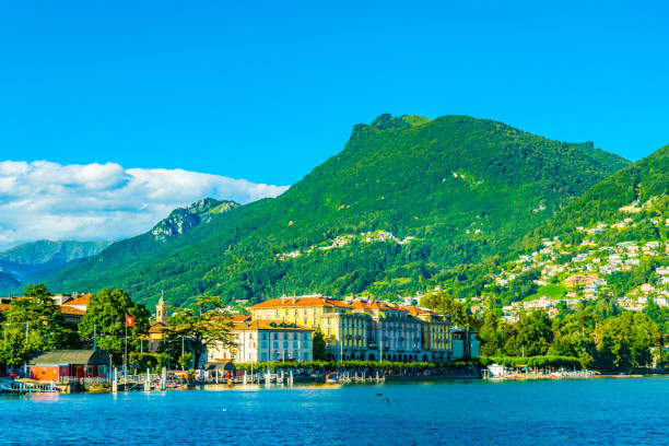 old town of lugano facing the lugano lake in switzerland - ticino canton mountain lake lugano lake imagens e fotografias de stock