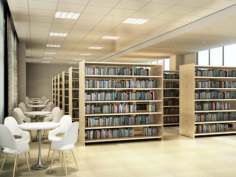 Biblioteca Sala de librerías mesas con sillas biblioteca de luz de la sala 3D Render photo