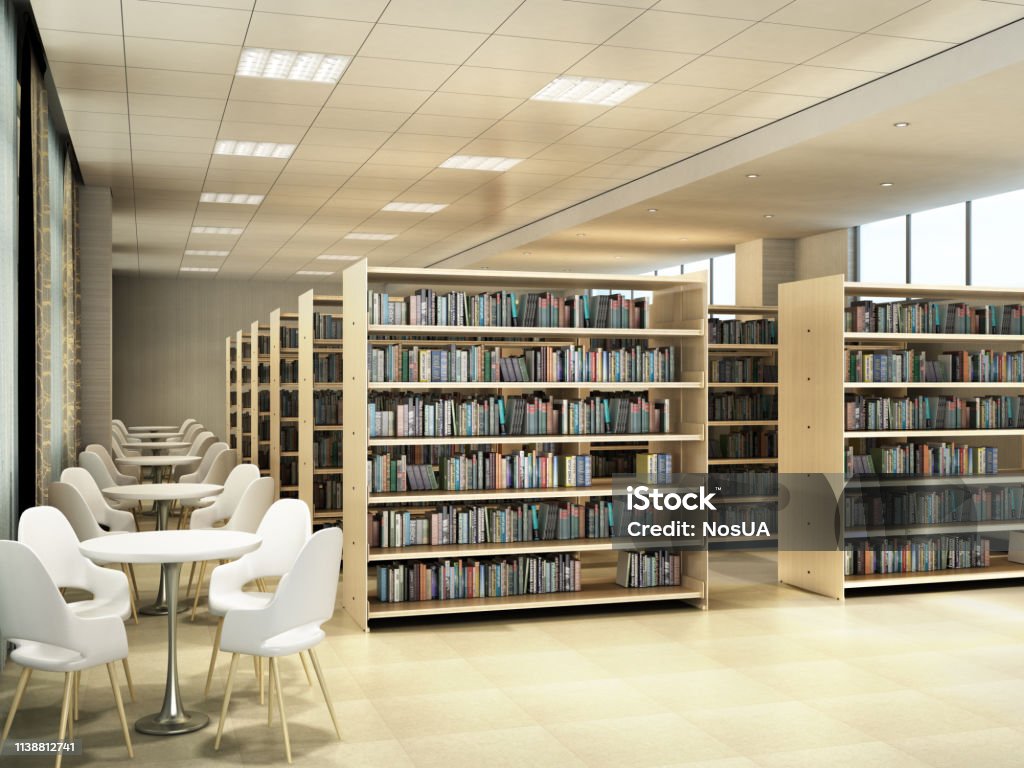 Elibrary Room Library Room Bookshelves Tables With Chairs Light Library Room 3d ...