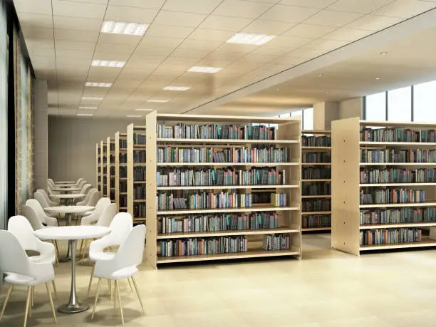 Library room bookshelves tables with chairs light library room 3d render