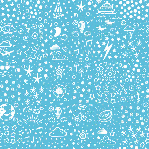 бесшовный шаблон с ручной рисовать doodle различные иконы пункта для детей со звездами и точками. - 7677 stock illustrations