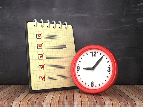 Check List Note Pad with Clock on Chalkboard Background  - 3D Rendering