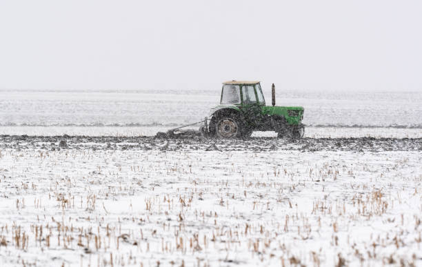 тракторы вспашка стерни поля в зимний период - cultivated land farm land plowed field стоковые фото и изображения