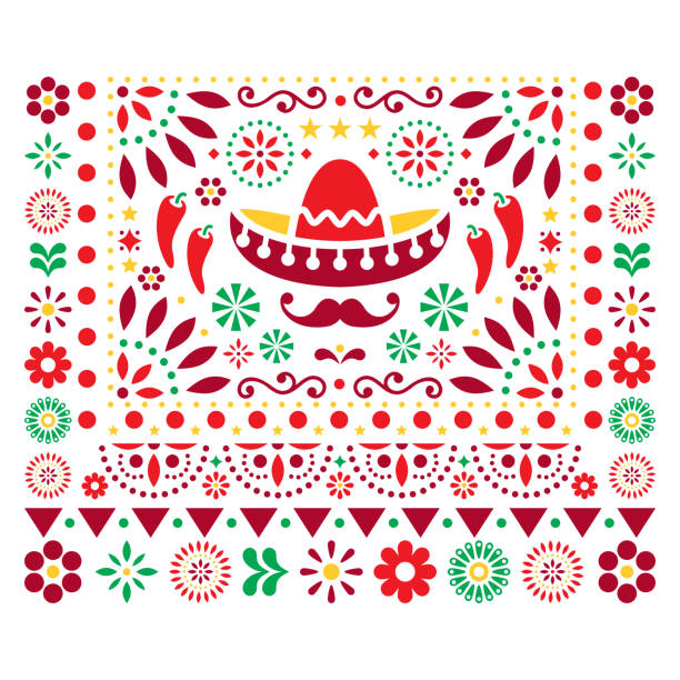 illustrazioni stock, clip art, cartoni animati e icone di tendenza di design floreale vettoriale messicano con sombrero, peperoncini e fiori, ornamento felice - biglietto d'auguri su modello di invito - tipicamente messicano