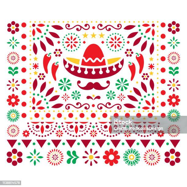 Mexican Vector Floral Design With Sombrero Chili Peppers And Flowers Happy Ornament Greeting Card On Invitation Pattern Stock Illustration - Download Image Now