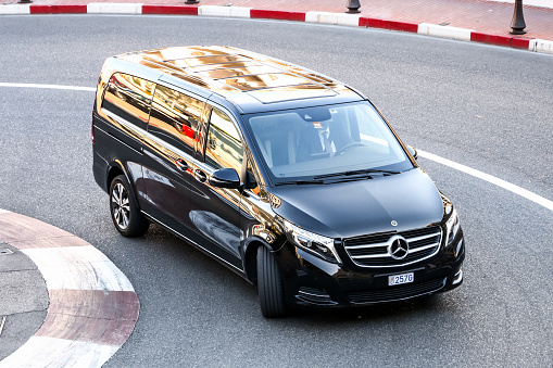 Monte-Carlo, Monaco - March 12, 2019:  Black passenger van Mercedes-Benz W447 Viano in the city street.