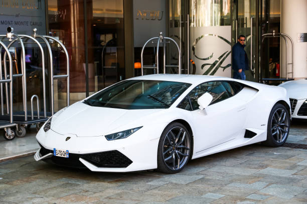Monte-Carlo, Monaco - March 12, 2019: White supercar Lamborghini Huracan LP610-4 in the city street.