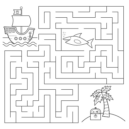 Help the pirates ship find right way to the island with treasure chest, beware of shark! Coloring page. Vector illustration