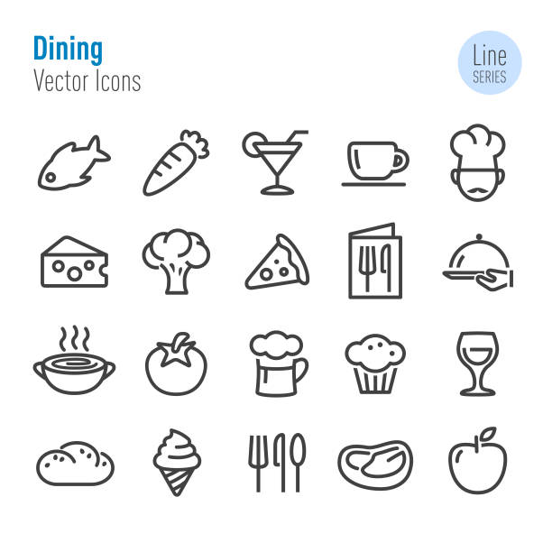ikony kulinarne - seria vector line - spoon vegetable fork plate stock illustrations