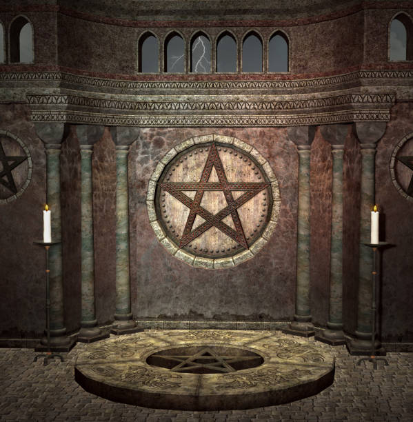 chambre gothique foncée avec des symboles païens - cathedral gothic style indoors church photos et images de collection