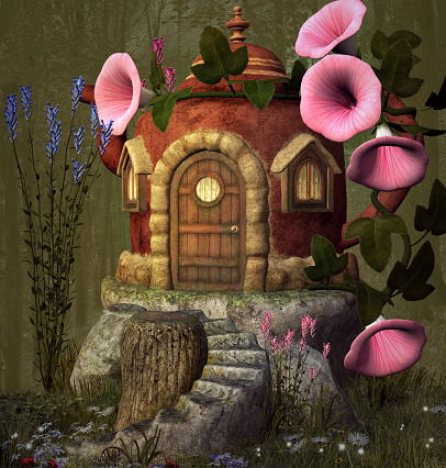 Enchanted teapot home with pink bluebell and lavender – 3D illustration
