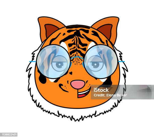 Head Of Tiger In Hipster Sunglasses Kawaii Animal Stock Illustration - Download Image Now