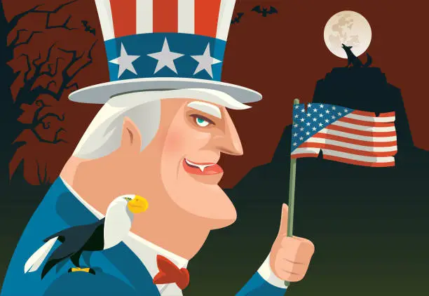 Vector illustration of vampire uncle sam waving USA flag
