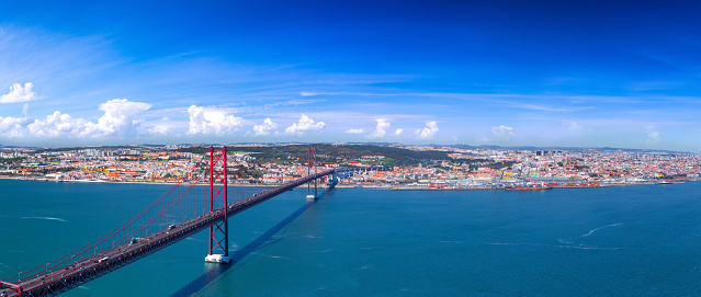 Summertime sunshine day panoramic cityscape view of Lisbon, Tagus river, Portugal.