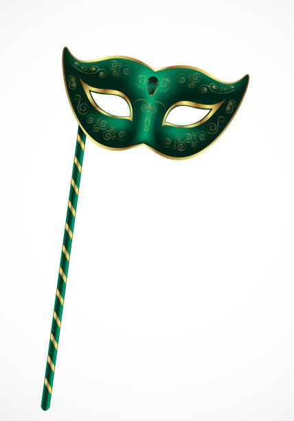 istock Green carnival theatrical mask with gold ornament with handle isolated on white background, vector illustration 1138824361
