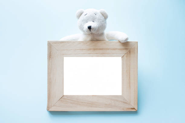istock Photo old wood frame with single white teddy bear sitting on blue background. copy space for text 1138825029