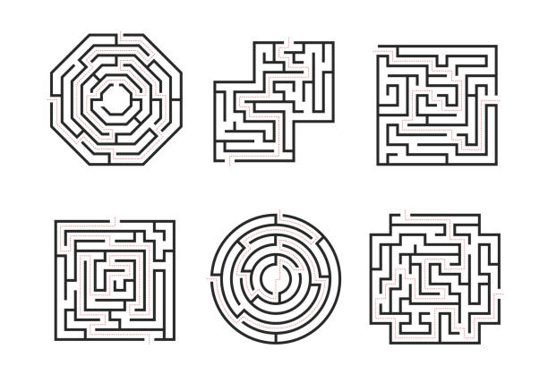 ilustraciones, imágenes clip art, dibujos animados e iconos de stock de mazes signs negro línea delgada conjunto. vector - laberinto