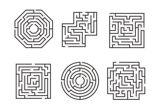 Mazes Signs Black Thin Line Set. Vector Mazes Signs Black Thin Line Set Different Types Shapes Labyrinth or Puzzle with Solution Concept. Vector illustration circular maze stock illustrations
