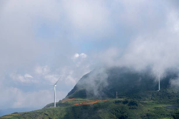 Wind turbines against a backdrop of blue sky and white clouds