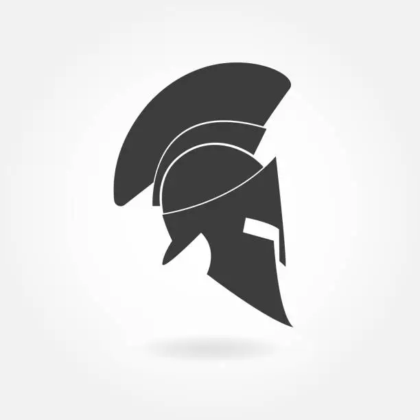 Vector illustration of Spartan helmet icon. Ancient Roman or Greek helmet with feathered crest. Metal helmet for head protection soldiers of the legions. Vector illustration.