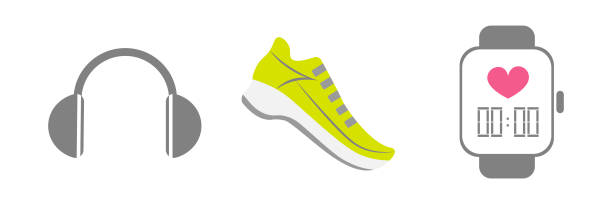 illustrations, cliparts, dessins animés et icônes de ensemble de vecteur de running sport icônes-chaussure de running, montre intelligente, écouteurs sans fil-pour l’équipe de sport, coureur club, marathon de triathlon pour logo, icône, affiche, bannière, sport événement promo - running marathon jogging track event