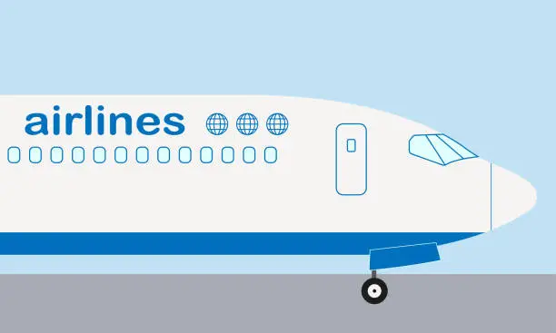 Vector illustration of Airplane nose. Airplane side view. Passenger plane or aircraft flat vector illustration.
