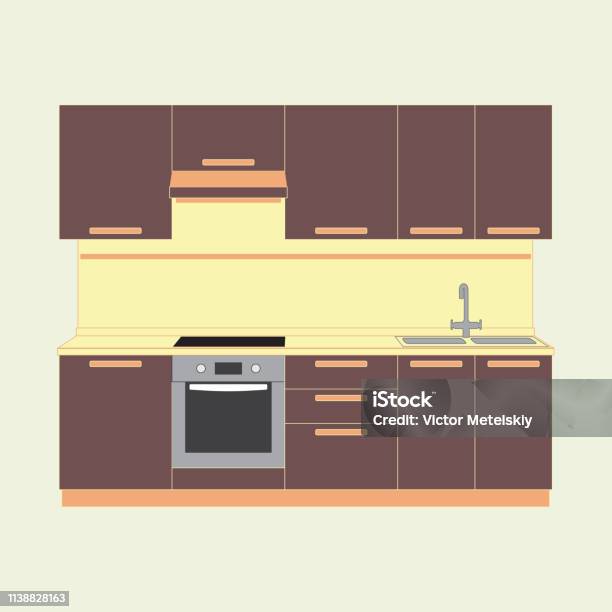 Kitchen Interior And Kitchen Furniture Colorful Vector Illustration In Flat Style Stock Illustration - Download Image Now