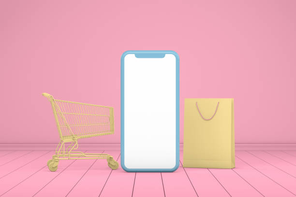 istock Smartphone with Shopping Bags on Pink Background, Minimal Design 1138830070