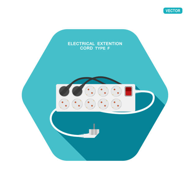 wektorowa sześciokątna ikona nowoczesnego dziesięciogłowego elektrycznego przedłużacza typu f z czerwonym przełącznikiem, dwoma wtyczkami podłączonymi i cieniem na turkusowym tle. - extension cord push button cable electric plug stock illustrations