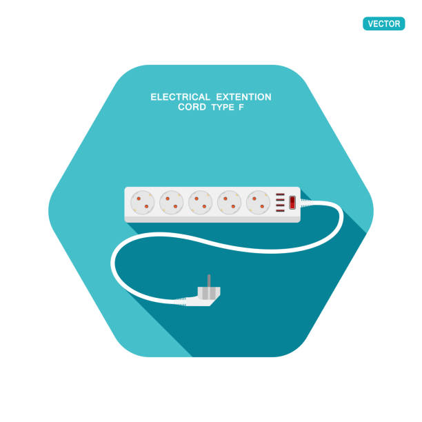 illustrazioni stock, clip art, cartoni animati e icone di tendenza di icona esagonale vettoriale della moderna prolunga elettrica a cinque prese di tipo f con interruttore rosso, quattro connettori usb e ombra sullo sfondo turchese. - f connector