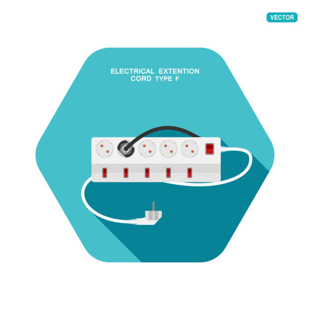 wektorowa sześciokątna ikona nowoczesnego pięciogłogowego elektrycznego przedłużacza typu f z sześcioma przełącznikami, jedna wtyczka podłączona na turkusowym tle z cieniem. - extension cord push button cable electric plug stock illustrations