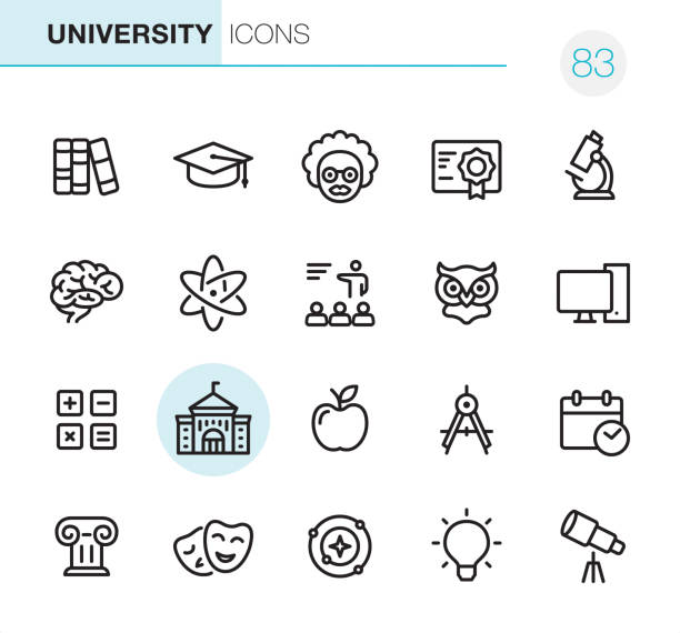 University - Pixel Perfect icons 20 Outline Style - Black line - Pixel Perfect icons / University Set #83
Icons are designed in 48x48pх square, outline stroke 2px.

First row of outline icons contains: 
Books, Mortar Board, Professor, Certificate, Microscope; 

Second row contains: 
Brain, Science, Lecture, Owl, Desktop PC;

Third row contains: 
Calculator, University, Apple - Fruit, Drawing Compass, Calendar Date; 

Fourth row contains: 
Architecture, Theater, Astronomy, Light Bulb, Telescope.

Complete Primico collection - https://www.istockphoto.com/collaboration/boards/NQPVdXl6m0W6Zy5mWYkSyw animal brain stock illustrations